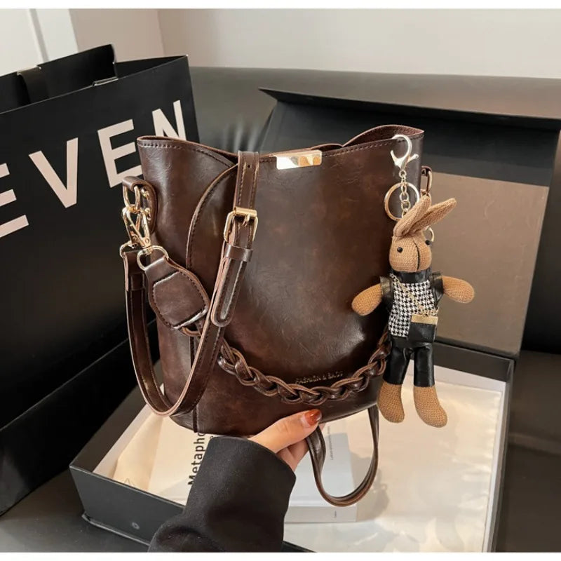 2025 Vintage Bucket Bag Women Retro Crossbody Tote Designer-Style Full Grain Leather Girls Shoulder Purse Must-Have Handbag