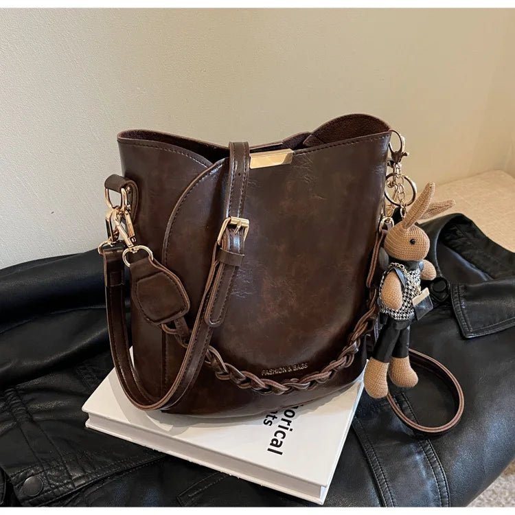 2025 Vintage Bucket Bag Women Retro Crossbody Tote Designer-Style Full Grain Leather Girls Shoulder Purse Must-Have Handbag