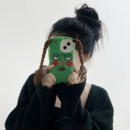 Funny cartoon braided girl iPhone 17 case | hairy anti-drop